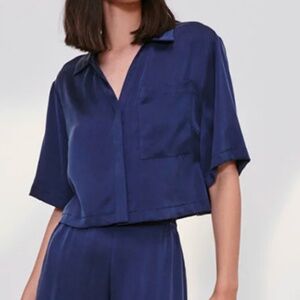 LUNYA BNWT Washable Silk Pajama BUTTON UP TOP ONLY in Deep Blue Size M